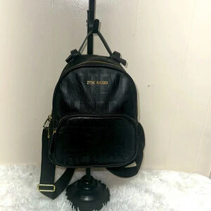 Steve Madden Mini Backpack Purse Black Embossed Leather Logo